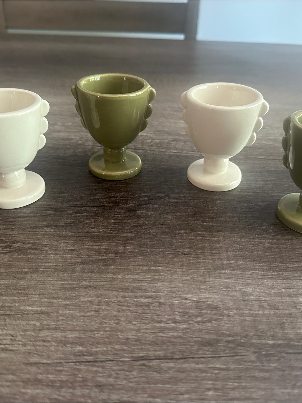 Set of 4 Ceramic Egg Cups, Green & White, Pedestal Round Glossy Finish
